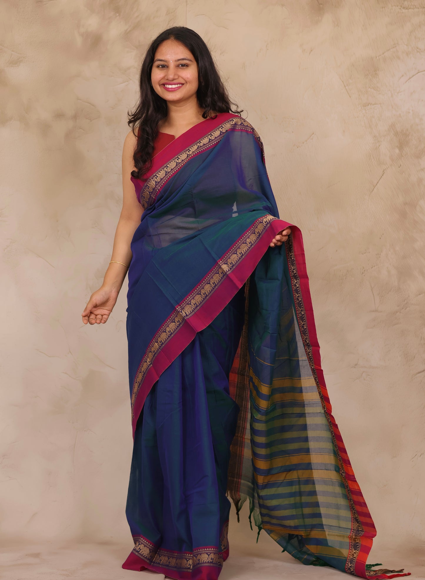 Peacock Blue Narayanpet Cotton Saree with Elephant Border | Looms & Tassels