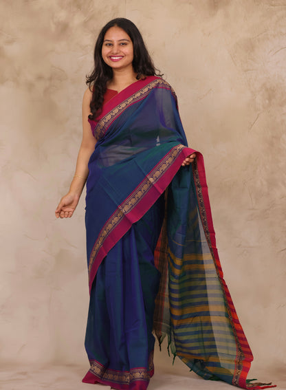 Peacock Blue Narayanpet Cotton Saree with Elephant Border | Looms & Tassels