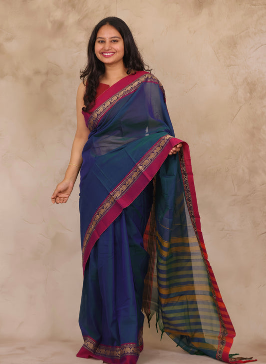 Peacock Blue Narayanpet Cotton Saree with Elephant Border | Looms & Tassels