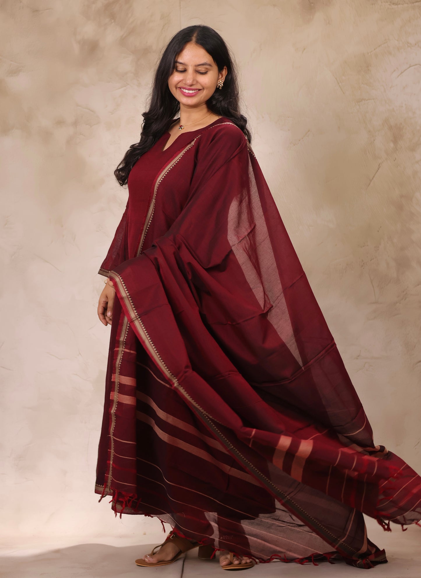 Maroon Narayanpet Cotton Kali Kurta with Narayanpet Dupatta | Looms & Tassels