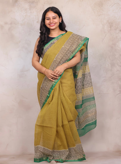 Yellow Pure Kota Doria Saree with Bagru Handblock Prints | Looms & Tassels