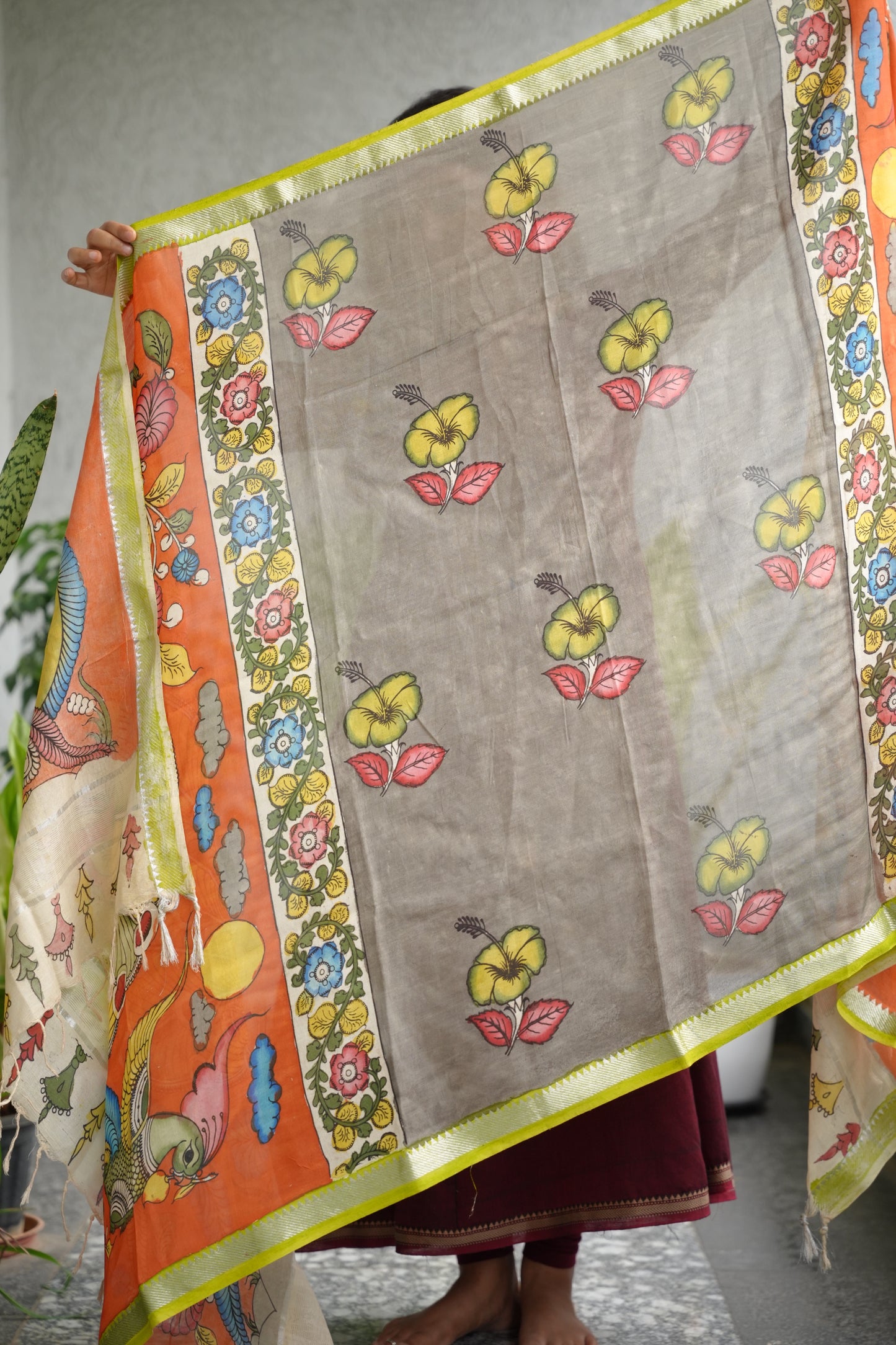 Grey Pen Kalamkari Mangalagiri silk Dupatta