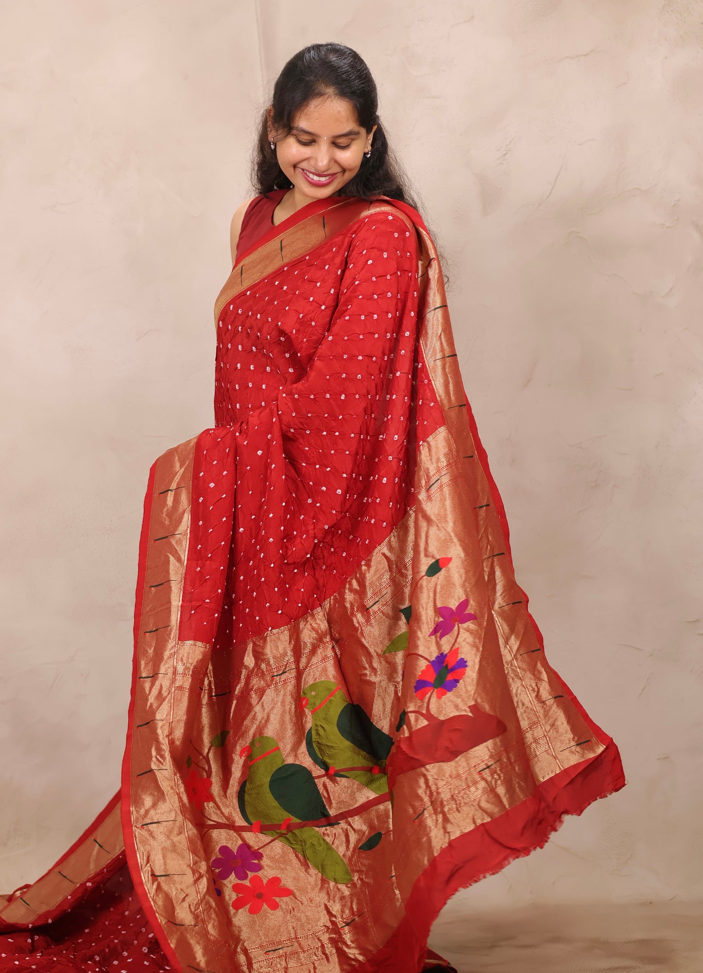 Red Handcrafted Bandhani Paithani Dola Silk Saree | Looms & Tassels