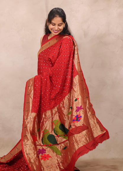Red Handcrafted Bandhani Paithani Dola Silk Saree | Looms & Tassels