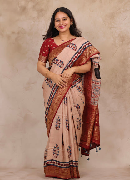 Ajrakh Handblock printed Dola Silk Saree | Looms & Tassels