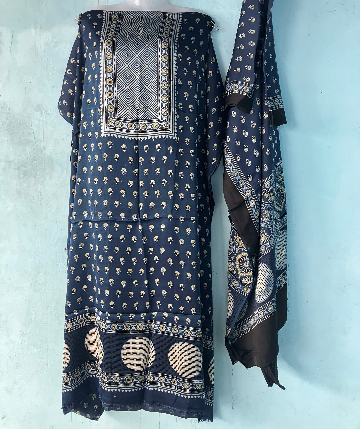 Indigo Small Floral Ajrakh Handblock Printed Modal Silk 2 Piece Suit Set