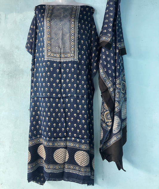 Indigo Small Floral Ajrakh Handblock Printed Modal Silk 2 Piece Suit Set