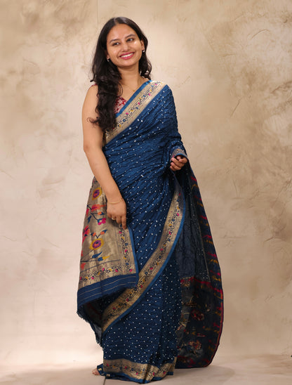 Cyan Blue Handcrafted Bandhani Paithani Dola Silk Saree | Looms & Tassels