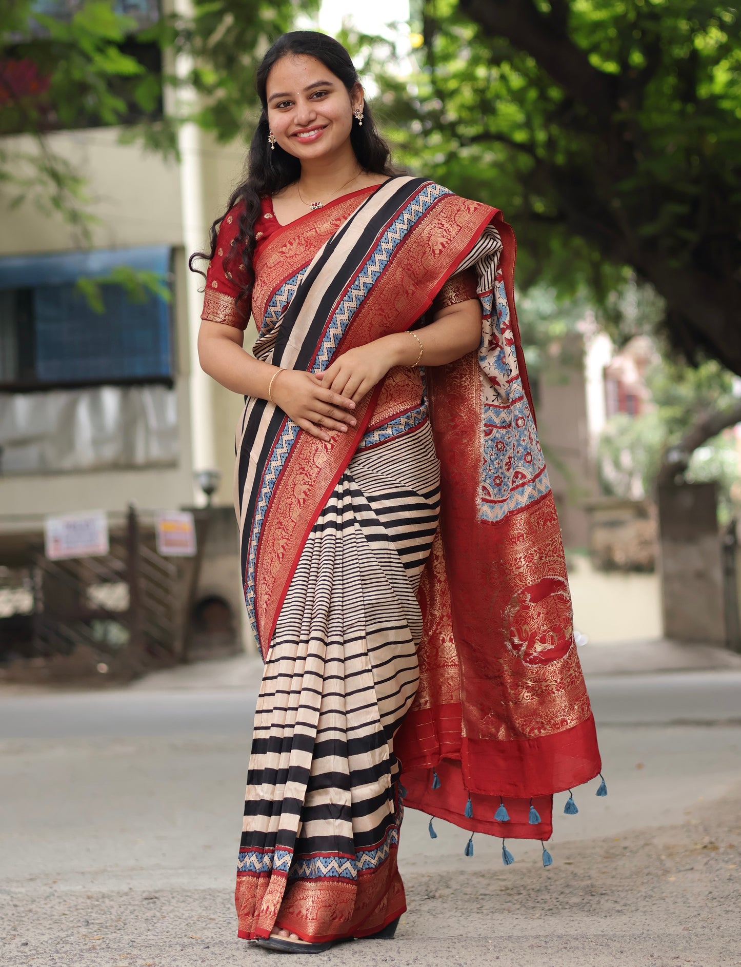 Stripes Contemporary Ajrakh Dola Silk Saree