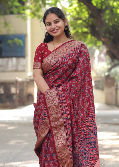 Maroon butta Ajrakh Dola Silk Saree