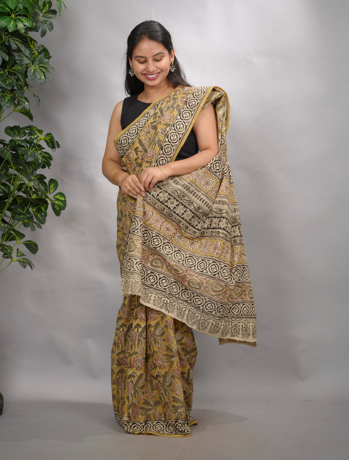 Mustard Hand Block Printed Kalamkari Cotton Saree | Looms & Tassels