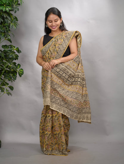 Mustard Hand Block Printed Kalamkari Cotton Saree | Looms & Tassels