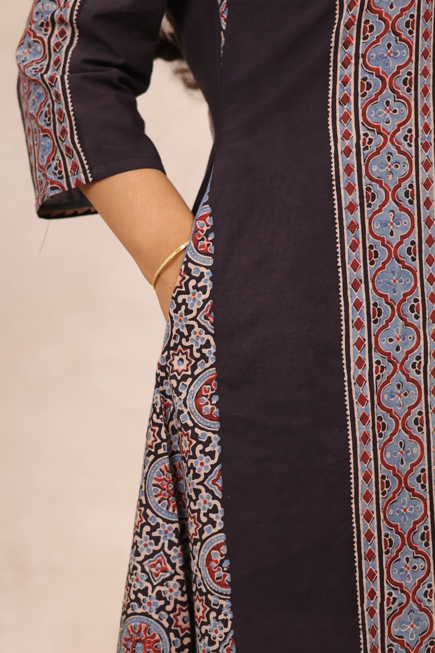 Black Ajrakh Pattern Hand Block printed Aline Kurti | Looms & Tassels