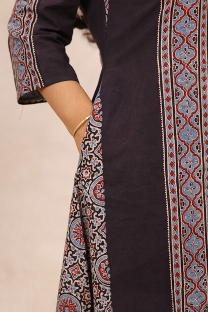 Black Ajrakh Pattern Hand Block printed Aline Kurti | Looms & Tassels