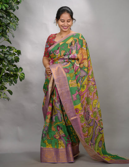 Green Hand Drawn Pen Kalamkari Bangalore Silk Kanchi Border Saree | Looms & Tassels