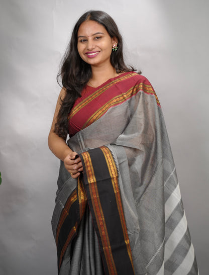 Grey Narayanpet Cotton Saree With Ganga And Jamuna Border | Looms & Tassels