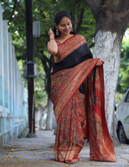 Black & Red Ajrakh Dola Silk Saree