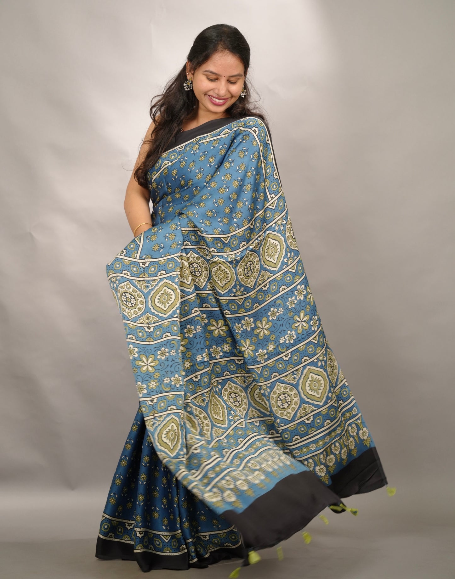 Blue Authentic Ajrakh Handblock Printed Modal Silk Saree | Looms & Tassels