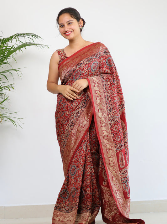 Red Ajrakh Dola Silk Saree