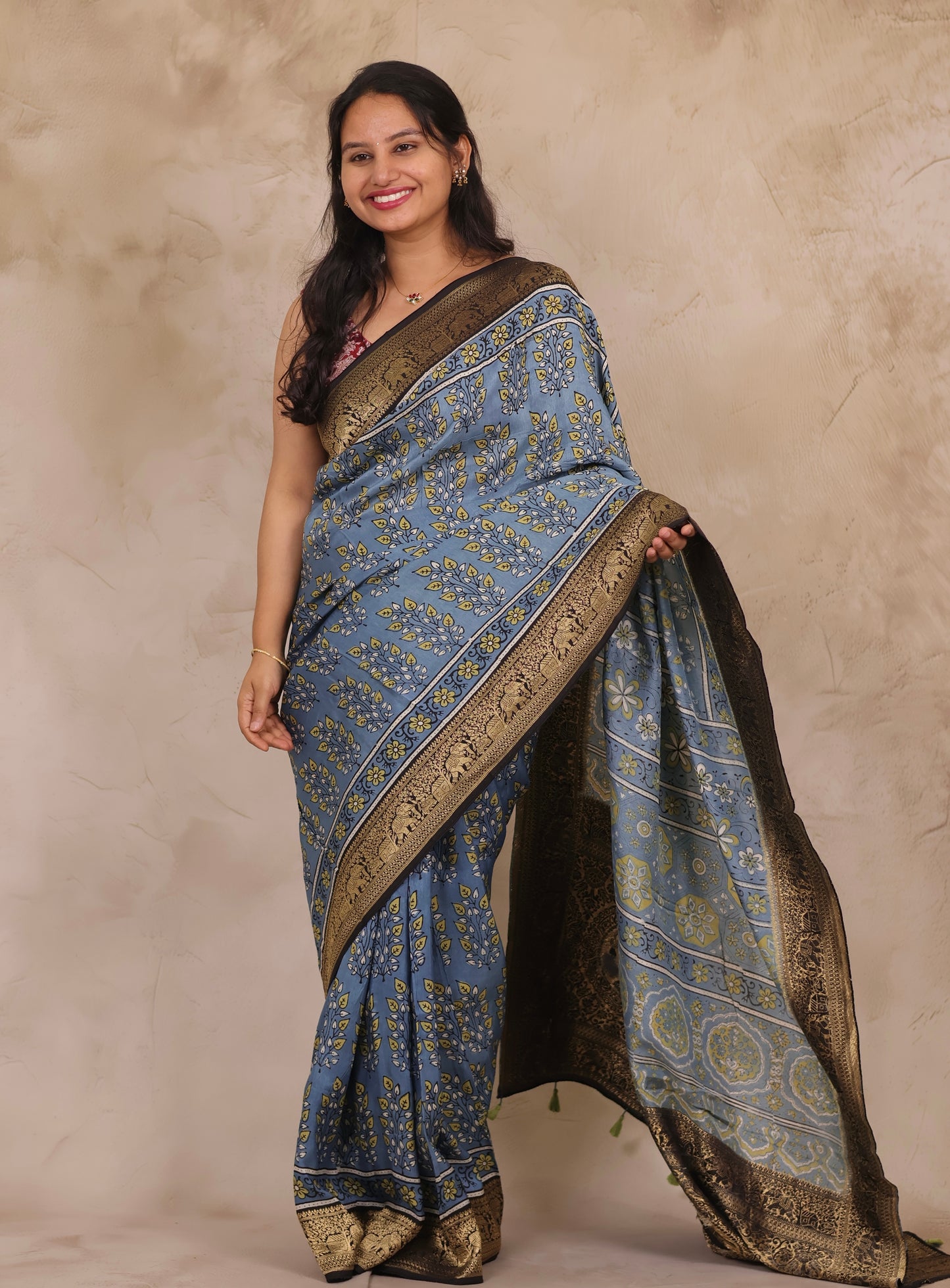 Sky Blue Ajrakh Handblock printed Dola Silk Saree | Looms & Tassels