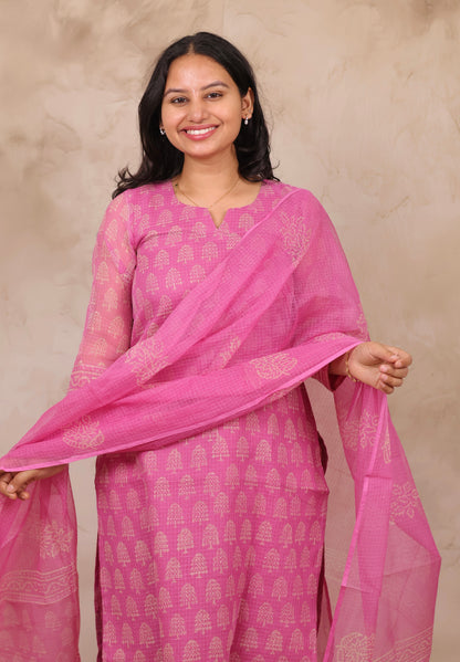 Pastel Pink Bagru Handblock printed kota 3 piece suit (stitched)