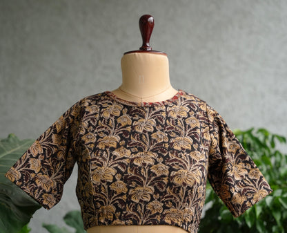 Brown Boat Neck Stretchable Hand block printed kalamkari blouse