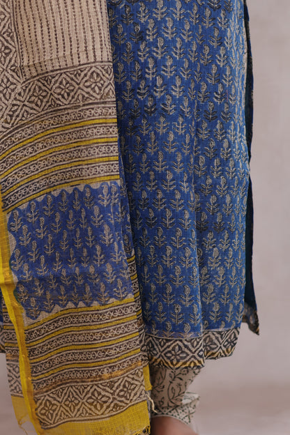 Blue Handblock printed kota 3 piece suit (stitched)