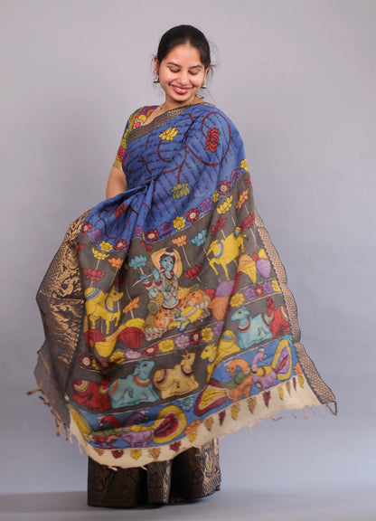 Blue Hand Painted Pen Kalamkari Silk Saree