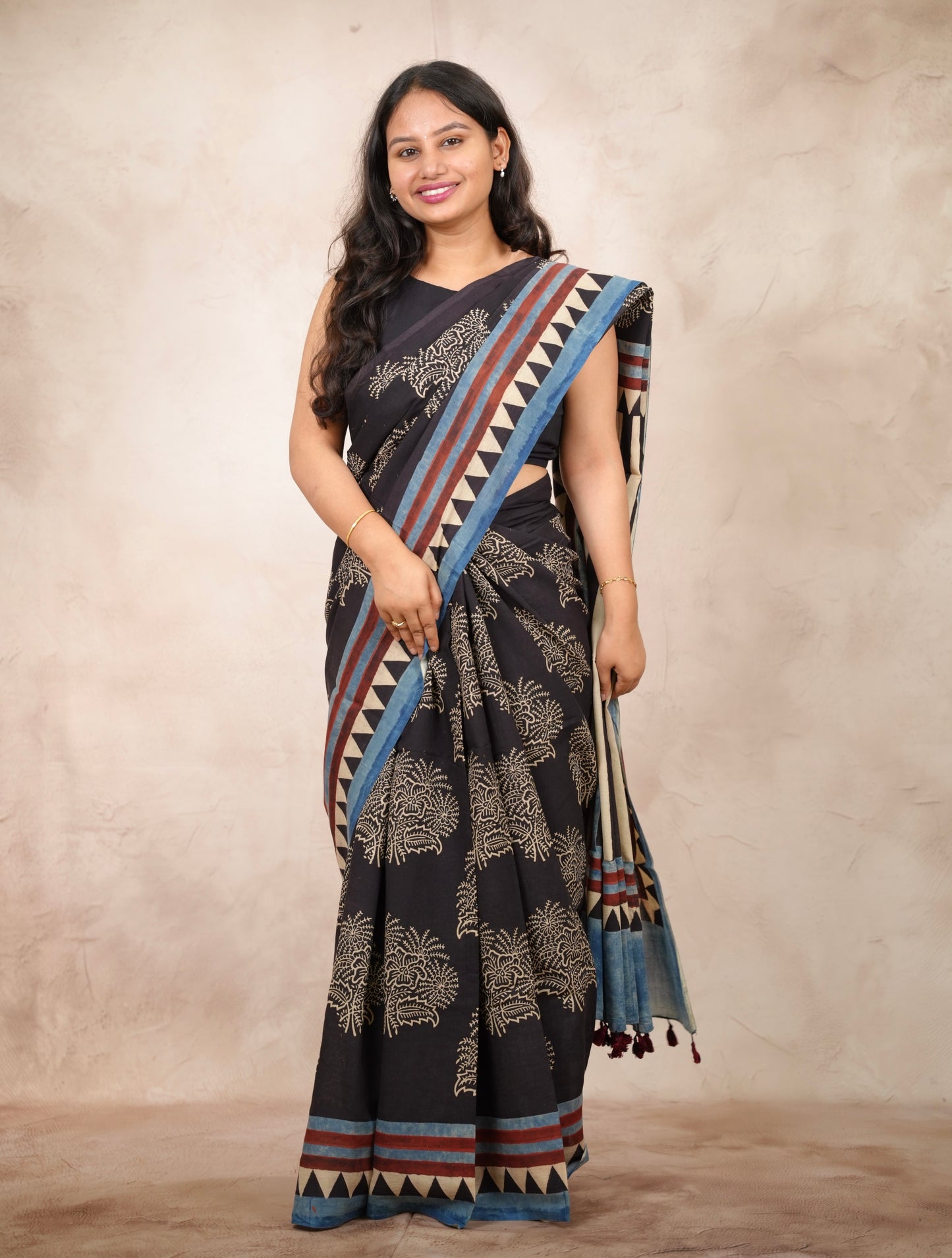 Black Ajrakh Hand Block Printed Cotton Saree | Looms & Tassels