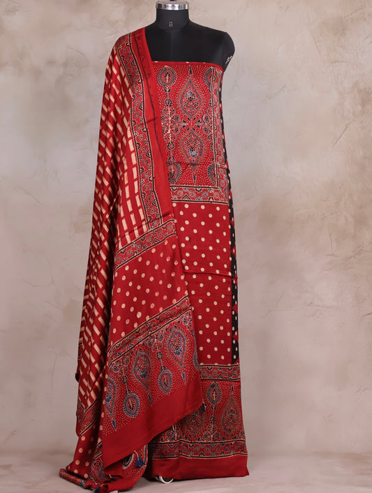 Maroon Ajrakh Handblock Printed Modal Silk 2 Piece Suit Set | Looms & Tassels