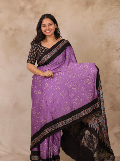 Lavender Hand Knotted Bandhej Arakh Modal Silk Saree with Lagdi Pallu | Looms & Tassels