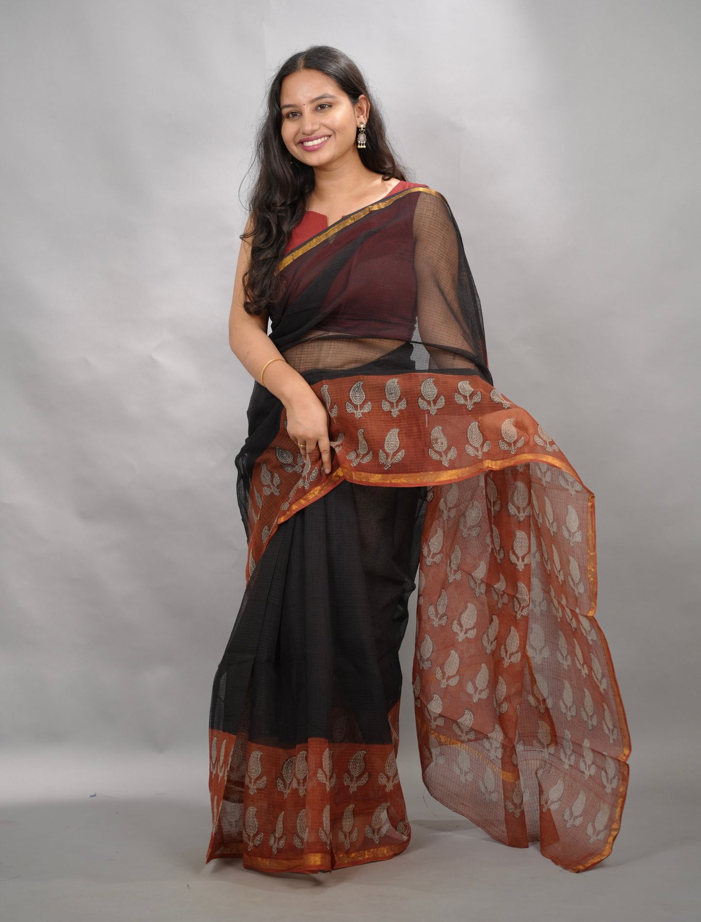 Black & Maroon Pure Kota Doria Saree with Bagru Handblock Prints | Looms & Tassels