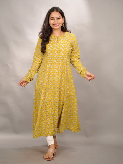 Mustard Pure Mul Cotton Kali Kurta with Chudi Sleeves | Looms & Tassels
