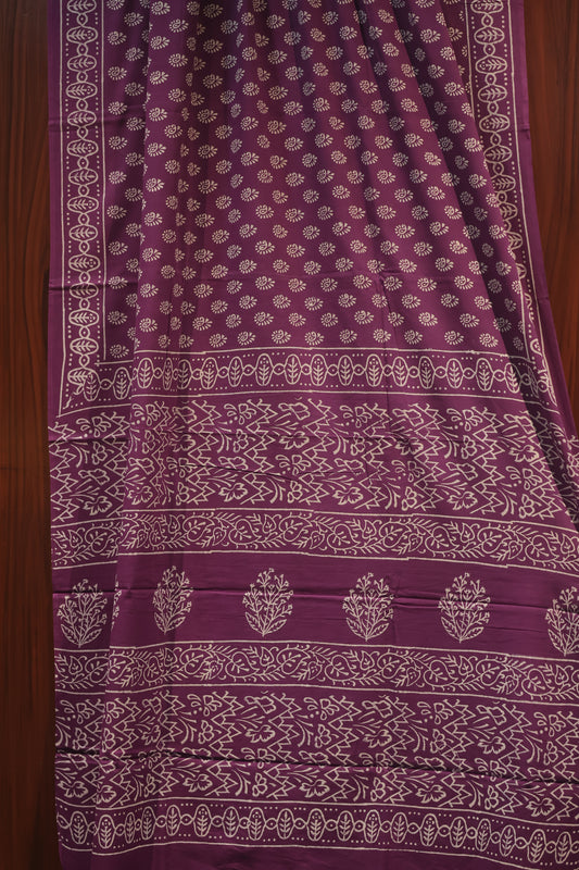 Purple Bagru Handblock printed MulMul cotton saree