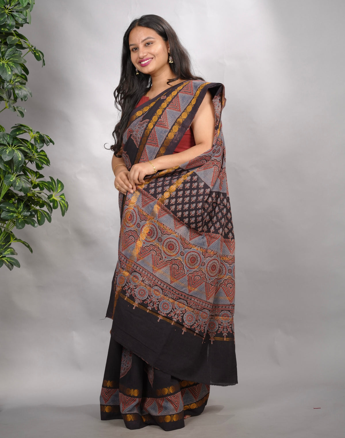 Black Ajrakh Hand Block Printed Sungudi Cotton Saree | Looms & Tassels