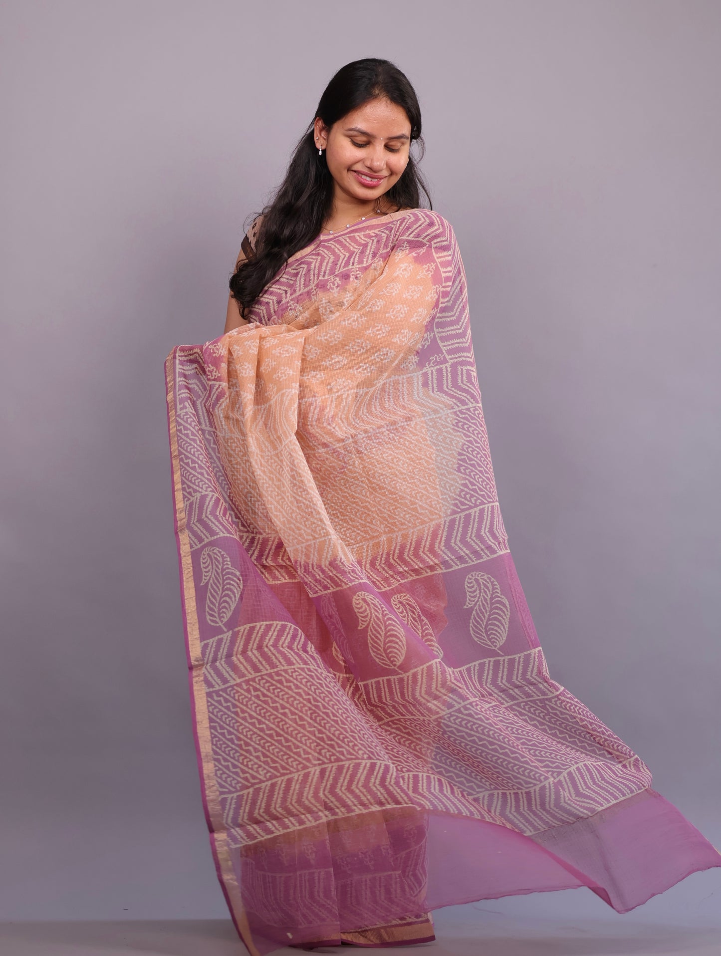 Pure Kota Doria Saree with Bagru Handblock Prints – Peach | Looms&Tassels