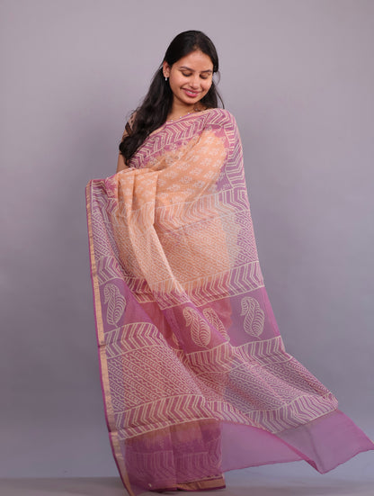Pure Kota Doria Saree with Bagru Handblock Prints – Peach | Looms&Tassels