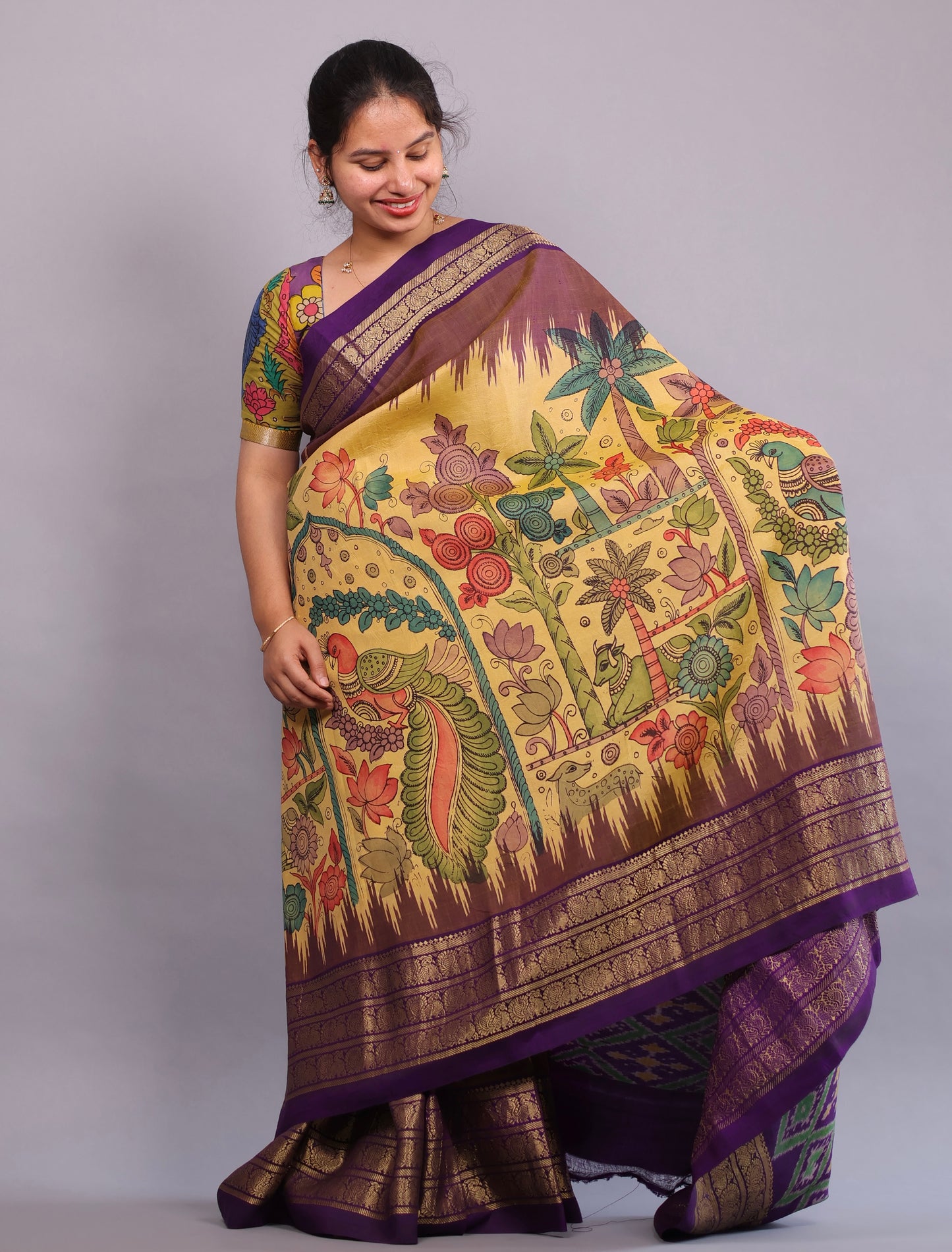 Yellow Kanchi Pattu Hand Painted Pen Kalamkari Saree