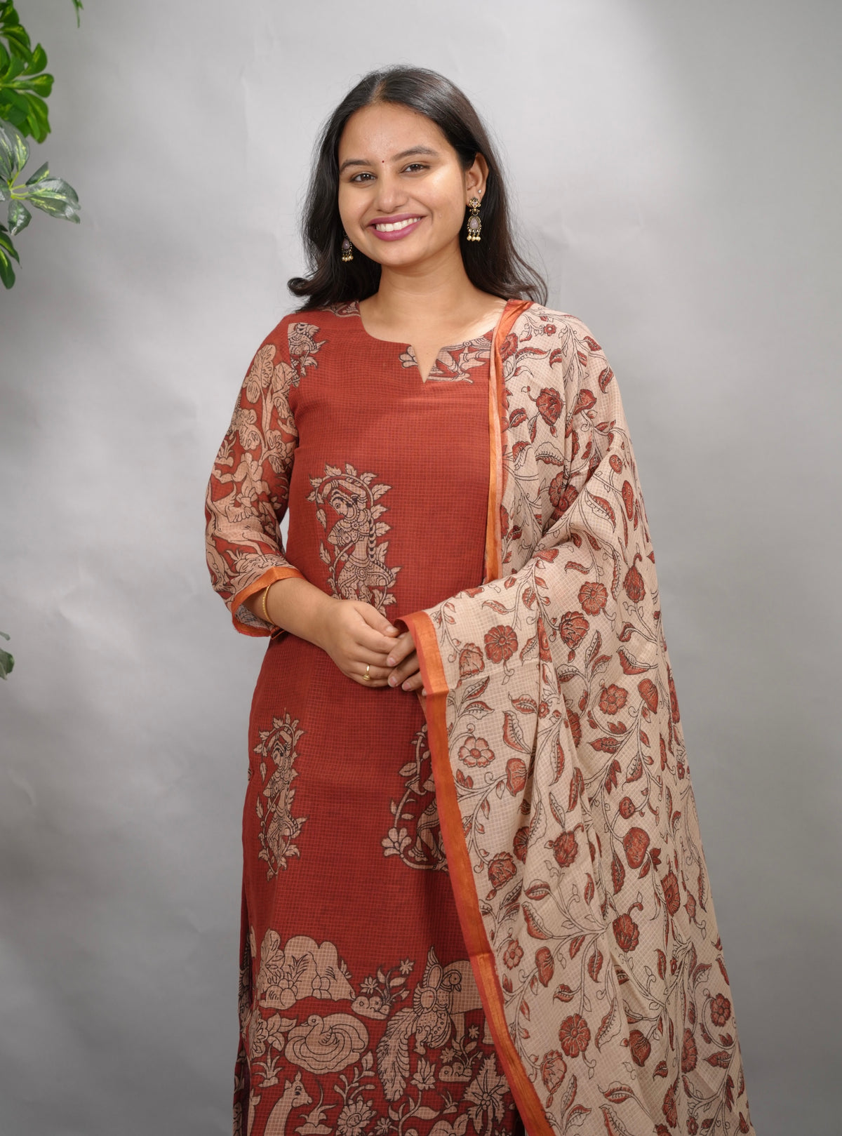 Maroon Kalamkari Kota Cotton 3 piece suit (stitched) | Looms & Tassels