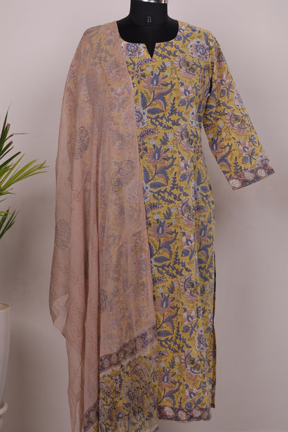 Handblock printed Pure Mul Cotton with Chiffon Duppata 3 piece suit (stitched)