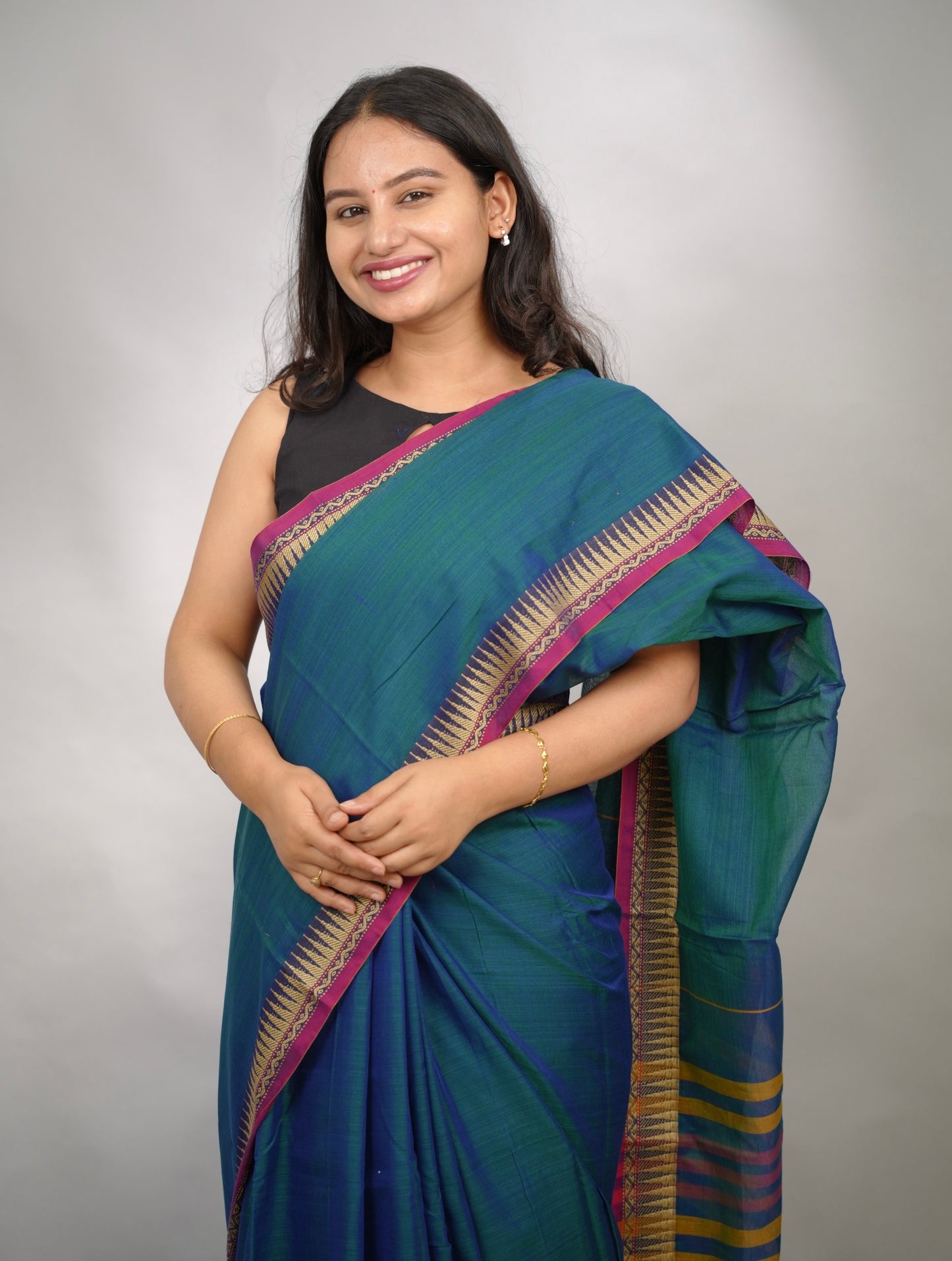 Peacock Blue Narayanpet Cotton Saree With Temple Border | Looms & Tassels