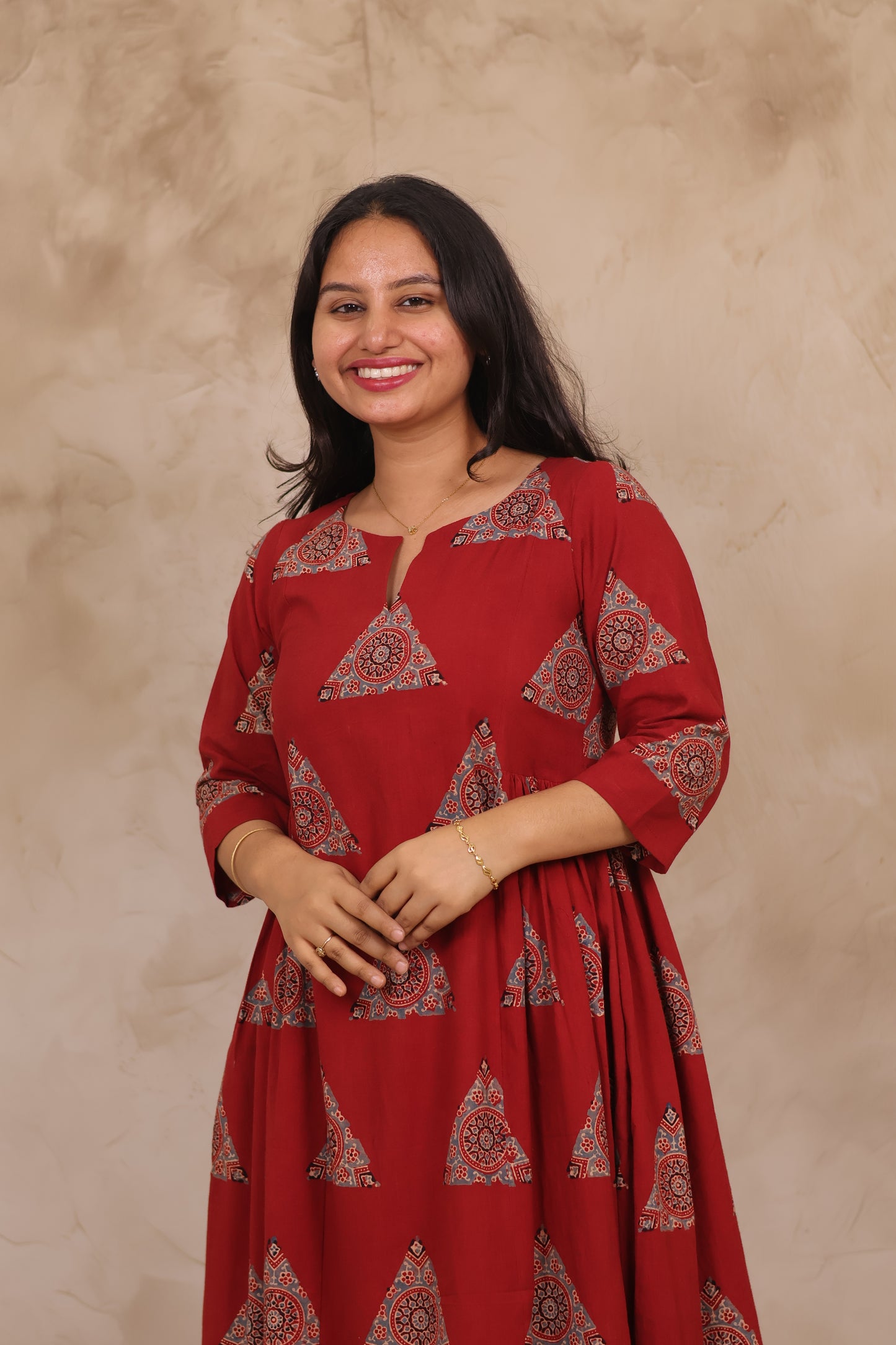 Red Pure Mul Cotton Ajrakh Aline Dress | Looms & Tassels