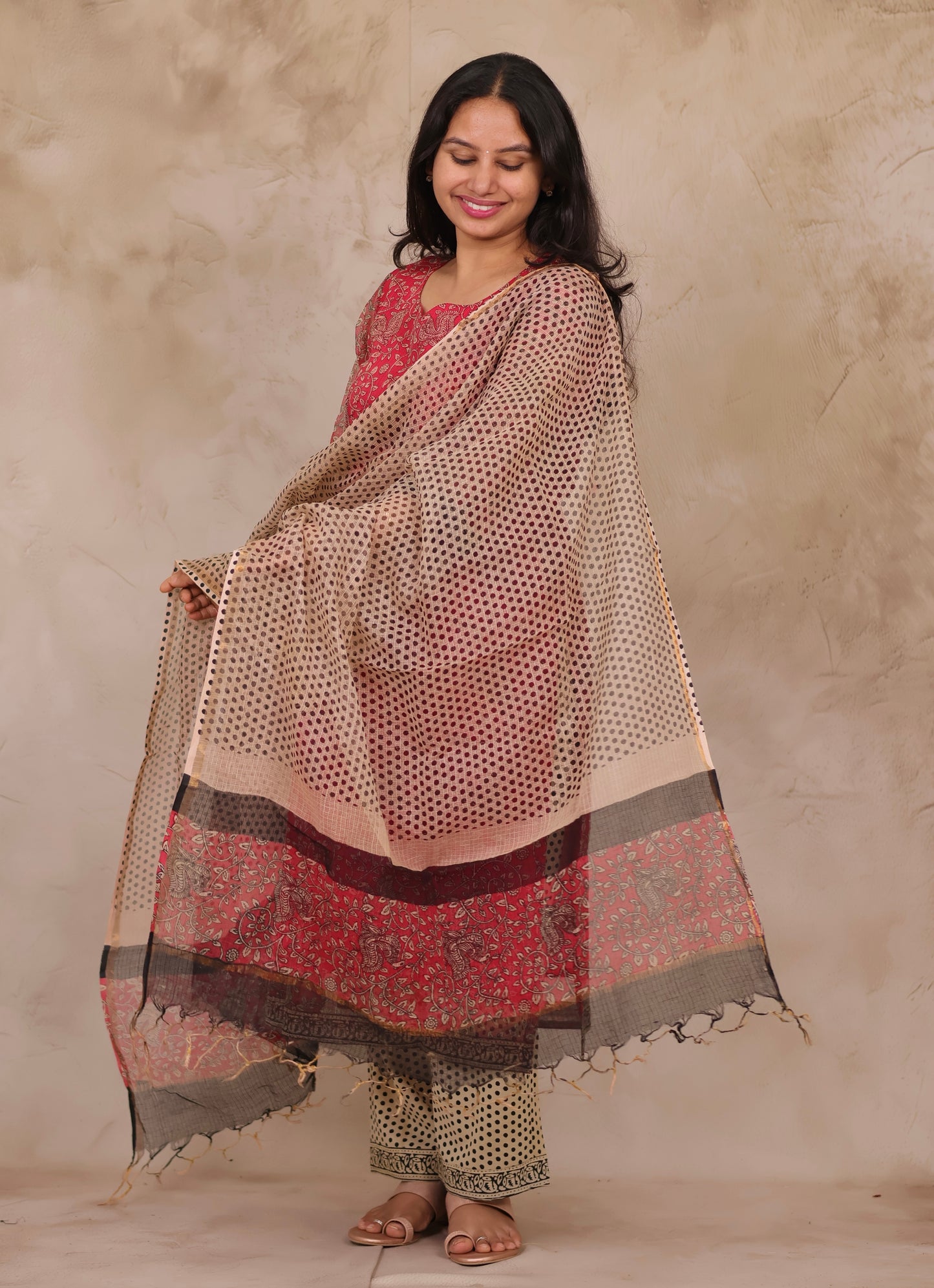 Pink Handblock printed kota 3 piece suit (stitched)