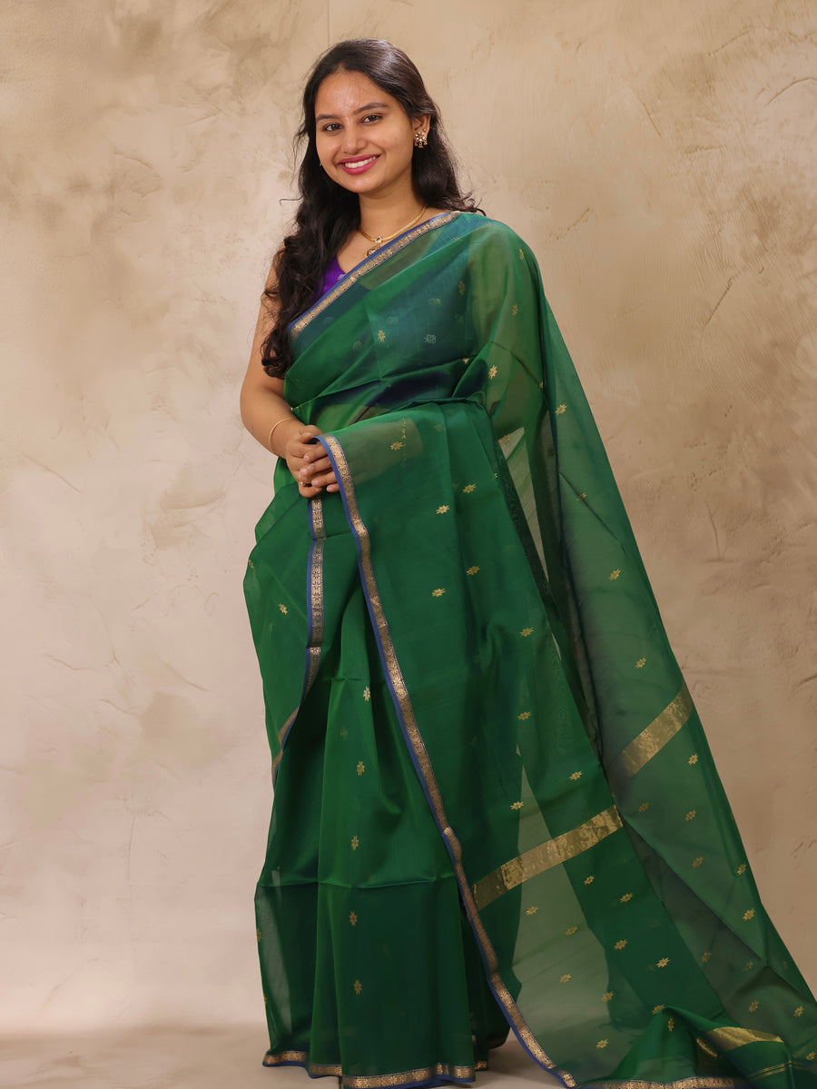 Green Handloom Maheswari Silk Cotton Sarees | Looms & Tassels