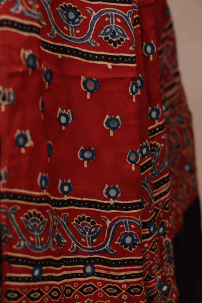 Red Handcrafted Ajrakh Modal Silk Saree with Authentic Banjara Mirror Work | Looms & Tassel