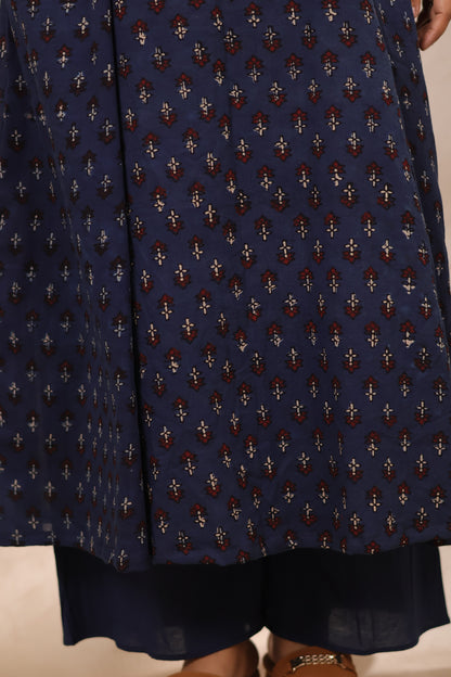 Indigo Patch Work Ajrakh Handblock Printed Kali Kurti (Pure Mul Cotton ) | Looms & Tassels