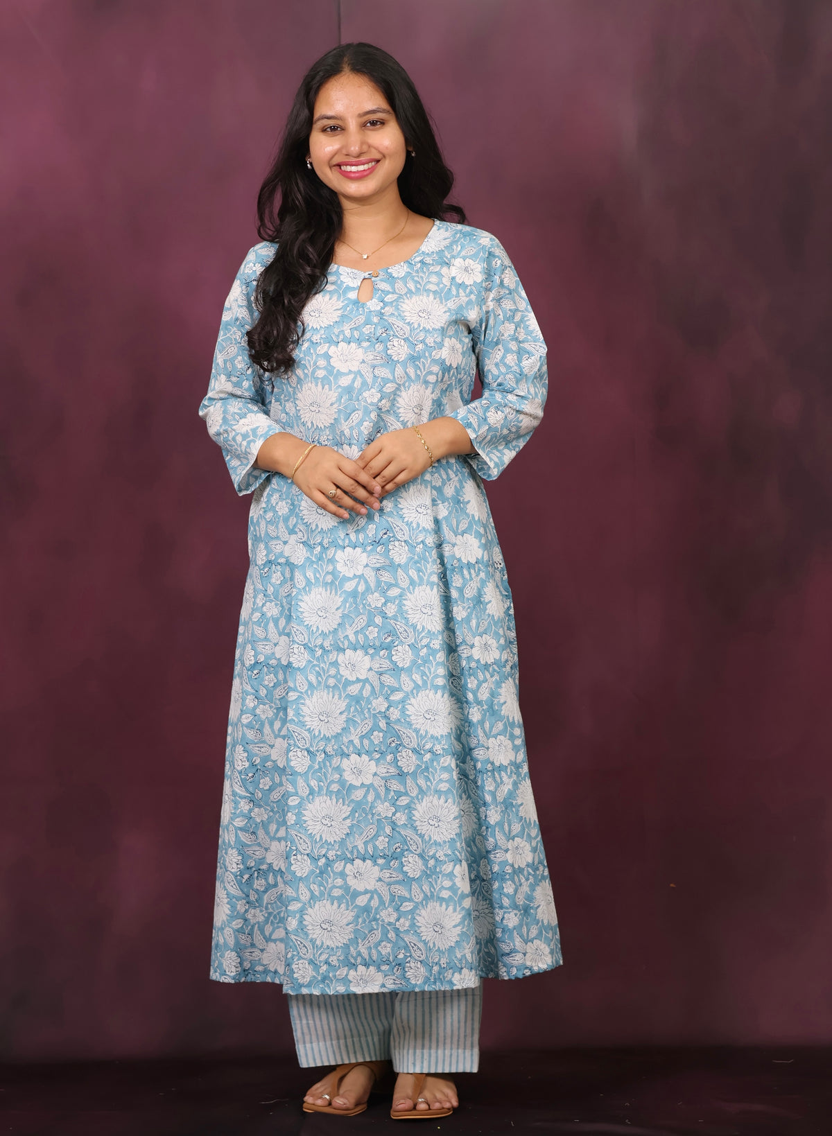 Powder Blue Pure Mul Cotton Aline Kurta Set (Set of 2) | Looms & Tassels
