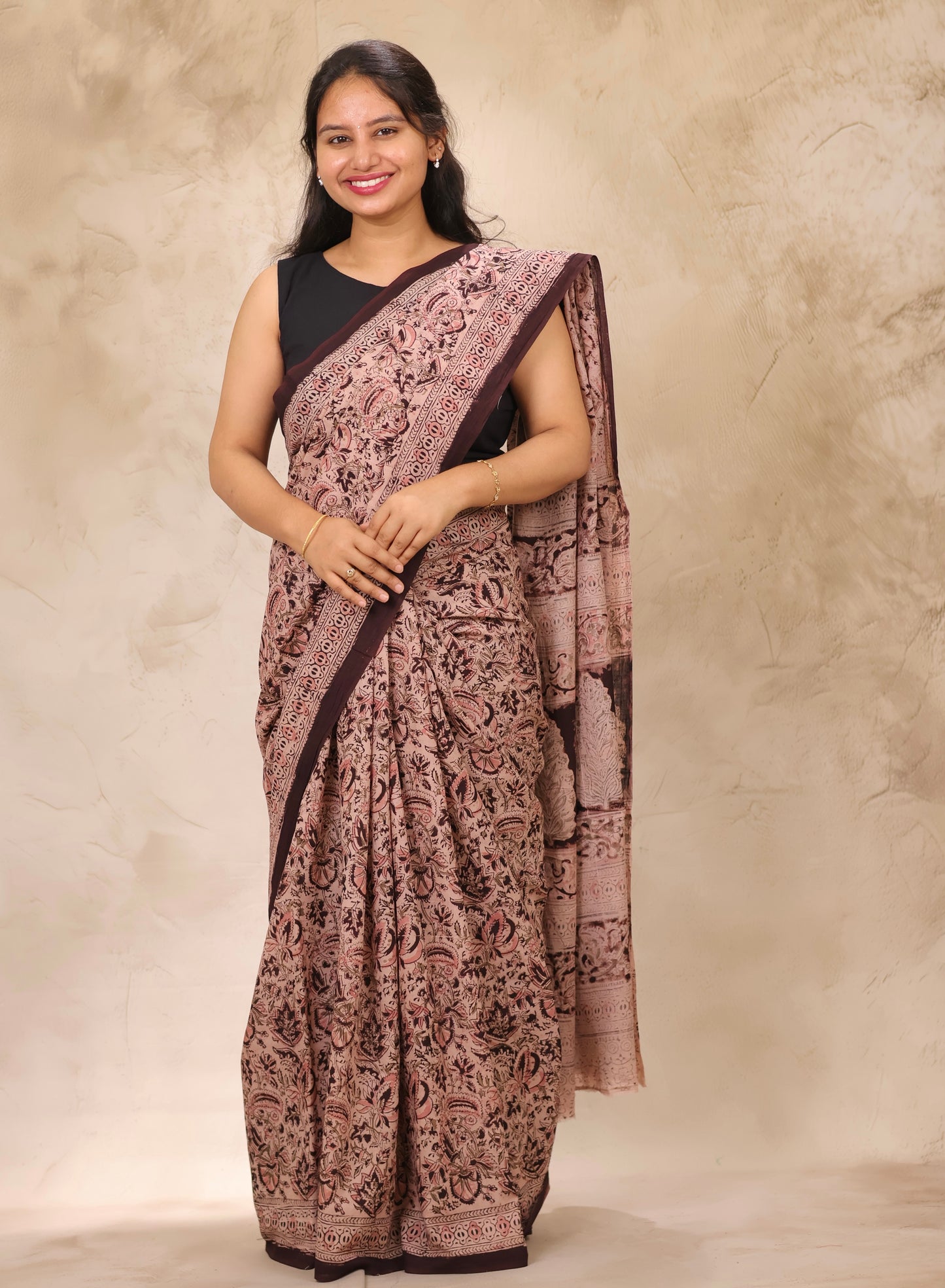 Cream Hand Block Printed Kalamkari Cotton Saree | Looms & Tassels