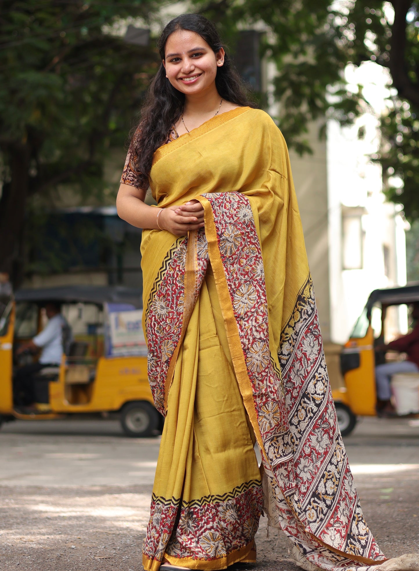 Golden Yellow Kalamkari dyeing premium chennur silk with hand block print saree