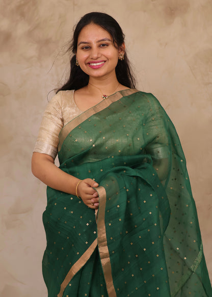 Green Handwoven Muslin Silk Saree With Sequence Work | Looms & Tassels